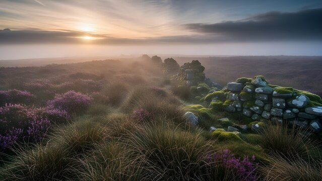 Serene landscape with mossy stone wall at sunrise in purple heather field