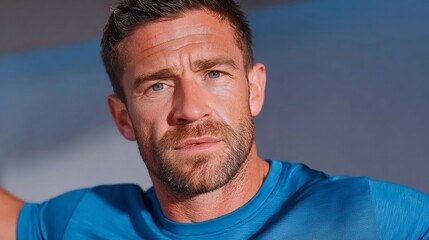 Focused Caucasian male in vibrant azure sportswear, contemplating future adventures, evoking World Beard Day and Movember inspirations