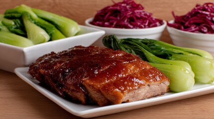 Succulent glazed pork nestles with vibrant bok choy and tangy cabbage slaw, perfect for Spring Festival or Chuseok