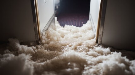 Floofy avalanche in hallway, reminiscent of Hygge coziness and whimsical Festivus fun, tempting adventure in mundane spaces