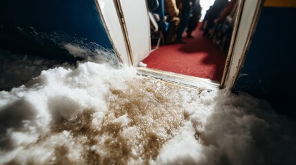 Unexpected snowy cabin threshold, curious embarkment juxtaposition, Nordic Winter Solstice flight, quirky frosty aviation adventure, travel odyssey awaits