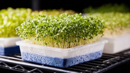 Microgreens thriving in a vibrant blue hydroponic cradle, celebrating Earth Day's sustainability and ancient Imbolc's renewal whispers