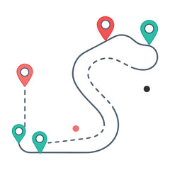 Minimal flat illustration of a travel route map with colorful location pins and a winding dashed path on a white background