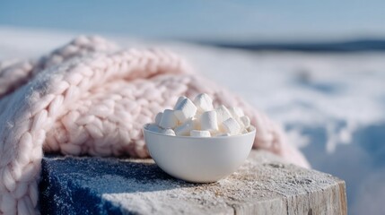 A bowl of marshmallows nestles by a cozy pink knit in snowy serenity, evoking Hygge warmth and Winter Solstice magic