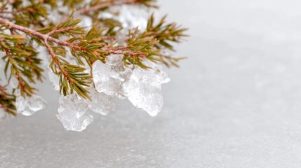 Frost-kissed evergreen sprig adorned with crystalline ice, reminiscent of Nordic Yule festivals and winter solstice celebrations