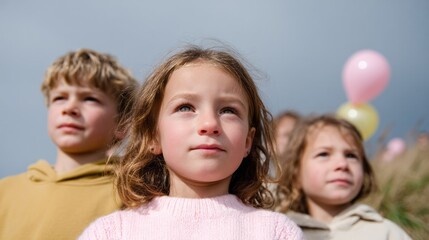 Children gaze skyward beneath pastel balloons; youthful dreams soar, echoing Childrens Day and the magic of Imbolc