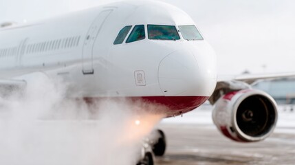 Majestic airplane in frosty airport mist evokes Wanderlust Day, celebrating global exploration with a wintry aviation ambiance