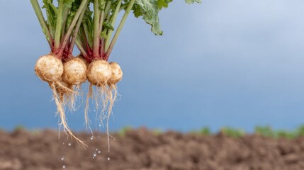 Three freshly harvested sugar beets dangle against a stormy horizon, embodying autumn's bounty, Lammas celebration, and agrarian ritual