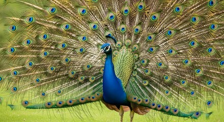 Majestic male peacock displaying its vibrant iridescent blue body and enormous spectacular train of eye-spotted feathers during courtship ritual