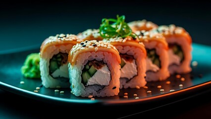 AI-generated close-up sushi rolls with salmon topping on dark plate, premium Japanese cuisine concept for modern restaurant website hero image