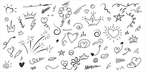 Obraz premium black and white doodle icons hand drawn sketch elements, doodle shapes hearts arrows stars and crowns vector, minimal hand drawn symbols collection on white background