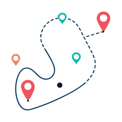Minimal flat illustration of a travel route map with colorful location pins and a winding dashed path on a white background