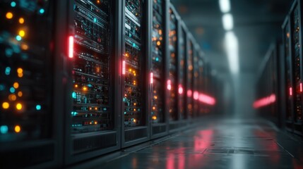 A detailed view of a futuristic server room bathed in the soft glow of data processing. ..Created with Generative AI, not depicting real subjects.