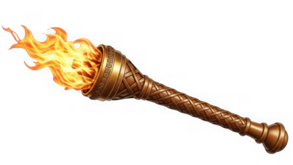 A bronze torch with a burning flame on a white background symbolizing leadership and freedom with fire and inspiration and motivation and victory