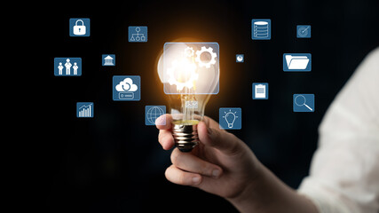 A concept of business operations and enterprise system integration. The components of a company including security, data, and cloud infrastructure. Motif