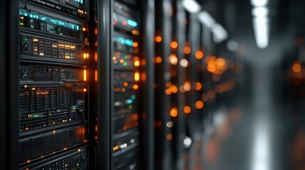 Data server center showcasing advanced technology, illuminating the power and complexity of modern data storage and processing.  ..Created with Generative AI, not depicting real subjects.