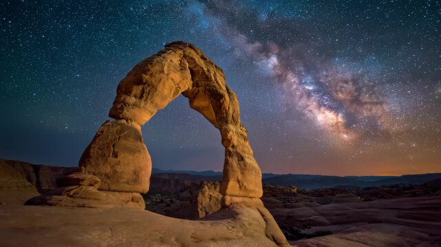 4K Delicate arch under the milky way at night in arches national park, utah iconic natural rock formation against a starry sky video