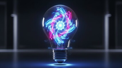 Futuristic Light Bulb with Glowing Blue and Pink Plasma Energy Vortex – Concept for Creative Innovation, Digital Technology, and Artificial Intelligence.