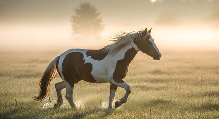 Striking brown and white paint horse with flowing mane gallops through a dewy field bathed in golden morning sunlight