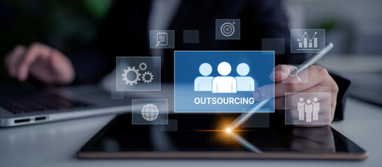 Outsourcing concept showing collaboration, delegation, global workforce, productivity, and task...