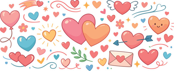 Heart Pattern Illustration. Freeform heart doodles arranged in a lighthearted decorative pattern, modern flat vector illustration