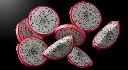 Collection of fresh white dragon fruit slices with vibrant pink skin showcasing tiny black edible seeds against a stark black background for commercial use