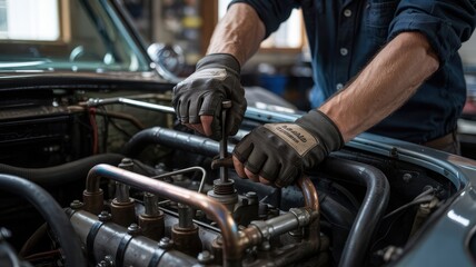 Obraz premium Mechanic Hands Working on Car Engine in Garage Daylight