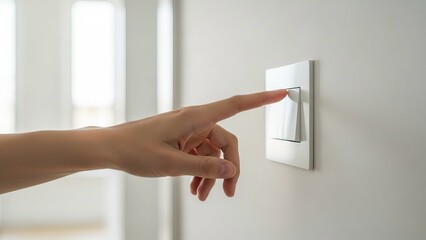 Close-Up of a Person's Hand Pressing a Modern White Minimalist Light Switch on a Clean White Wall