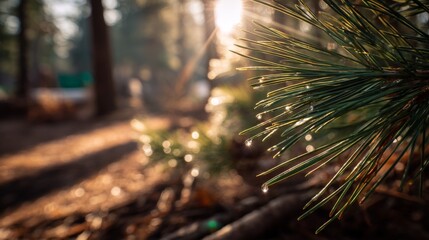 A close up of a pine tree branch with dew drops on it. The image has a serene and peaceful mood, as the sunlight shines through the leaves and creates a beautiful, natural scene
