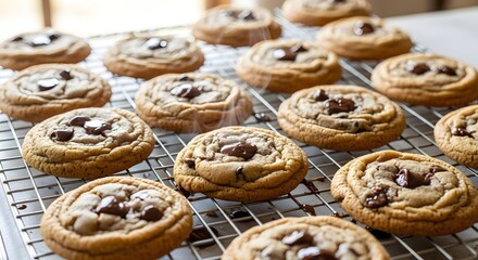 Freshly baked warm chocolate chip cookies cooling on a wire rack with visible steam suggesting they are straight from the oven
