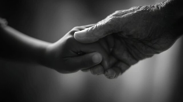 4K Closeup black and white image of an older persons hand holding a younger persons hand, symbolizing intergenerational care, support, and connection video