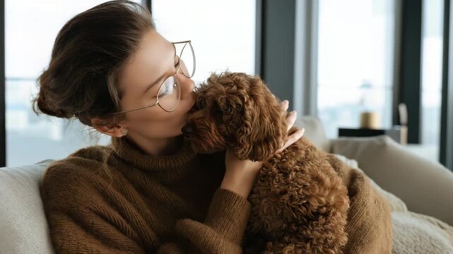 Young woman wearing glasses kissing her fluffy poodle dog on the sofa indoors cozy domestic scene affection