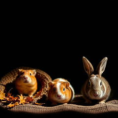 Three small animals on a woven mat. Two guinea pigs with orange and white fur and a brown rabbit with large ears
