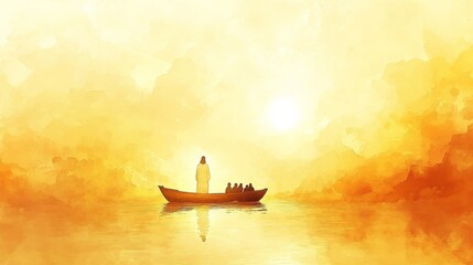 A man in a boat is surrounded by a group of people. The man is holding a cross and the boat is in the water. The scene is peaceful and serene, with the sun shining brightly in the background