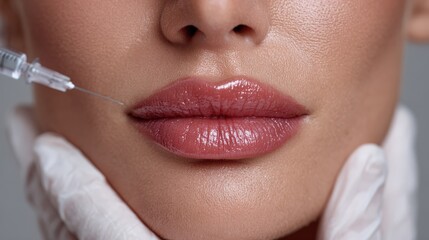 A close-up shot of a person getting cosmetic lip injections, highlighting the delicate procedure and modern beauty treatments.  ..Created with Generative AI, not depicting real subjects.