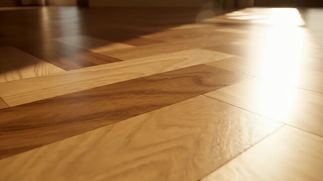 Sunlit Engineered Wood Flooring - The video showcases a close-up view of a sunlit engineered wood floor, highlighting the smooth finish and varied tones of the wooden panels.