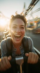 Woman screaming while riding roller coaster.	