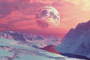 Icy mountain range with pink and blue hues under a giant moon and a pink and magenta sky