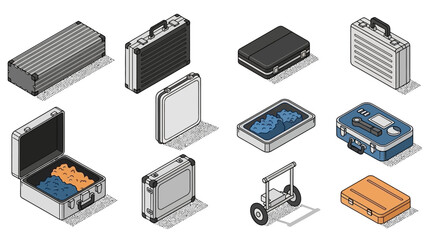 Isometric suitcase collection with multiple styles and open views