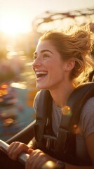 Woman screaming while riding roller coaster.	