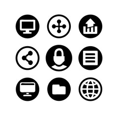 Collection of nine circular icons representing various digital services and actions
