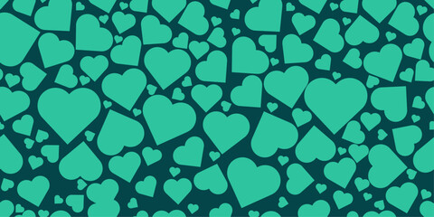 Seamless vector pattern with green hearts on a turquoise background. Romantic love background perfect for Valentine’s Day designs, wedding invitations, greeting cards, gift wrapping