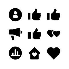 Collection of social media icons: profile, thumbs up, megaphone, hearts, chart, and house