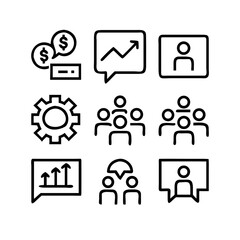 Business icons illustrating finance, growth, people and strategy