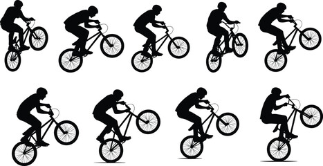 Obraz premium BMX cyclist silhouettes performing freestyle tricks and jumps showing extreme sports action, cycling stunts, and urban athletic motion vector illustration