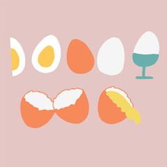 Hand drawn egg vector illustration set showing whole eggs, cracked eggs, boiled eggs, and egg halves. Educational food elements suitable for cooking guides, kitchen decor, food infographics, packaging