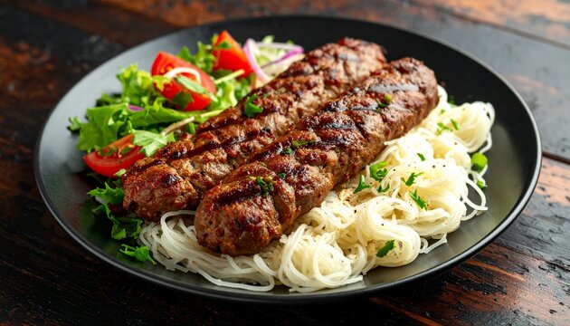 Bifteki mit Reisnudeln und Salat, gegrillt, griechenland