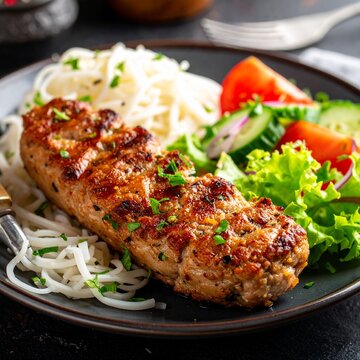 Bifteki mit Reisnudeln und Salat, gegrillt, griechenland