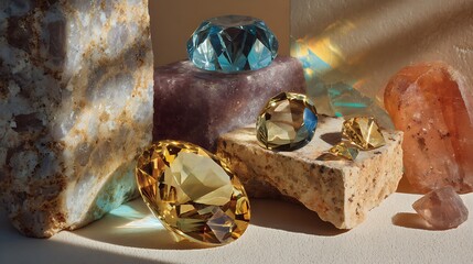 Luxurious arrangement of colorful precious gems on natural stone pedestals in warm sunlight with luxury and gemstones and precious stones and jewelry