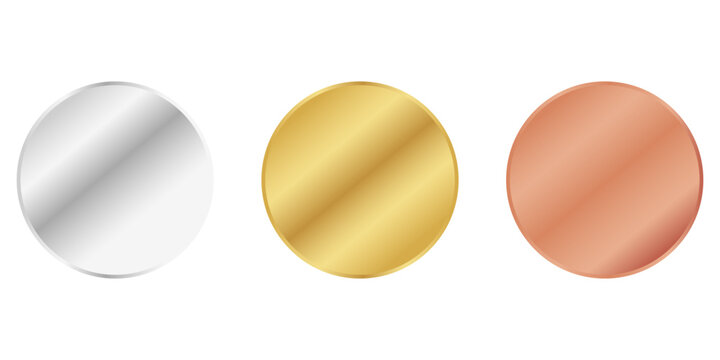 Award golden, silver and bronze blank medals 3d vector realistic illustration. First, second and third place medals or buttons isolated on white background. Quality blank, empty badge, emblem set.